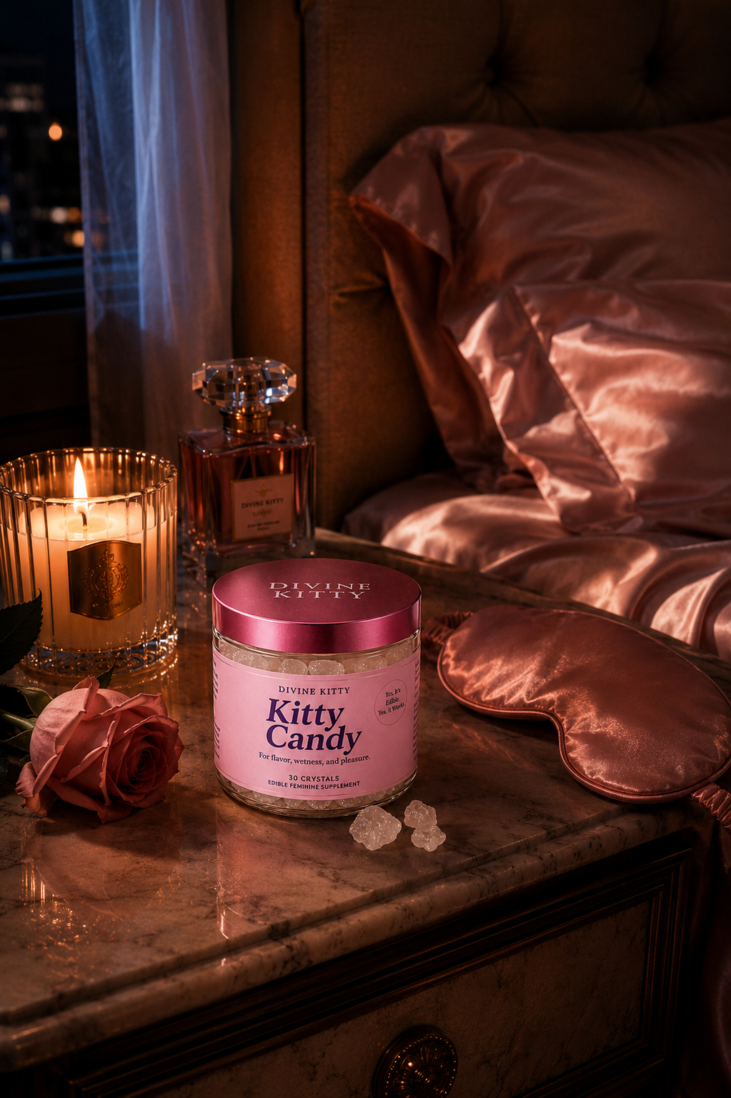 Kitty Candy on a luxurious nightstand